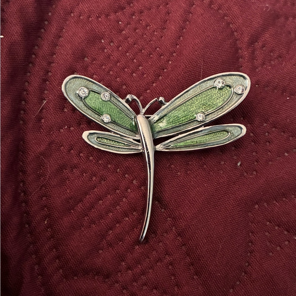 Vintage green dragonfly Liz Claiborne Brooch w/silver Toned Metal &rhinestones